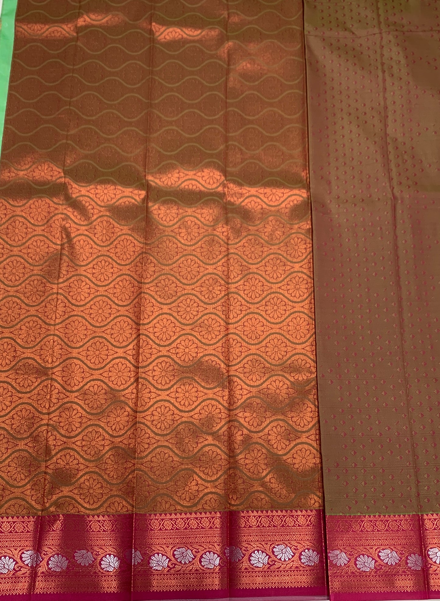 Vegan Silk Saree Pista Green Colour with Copper Border