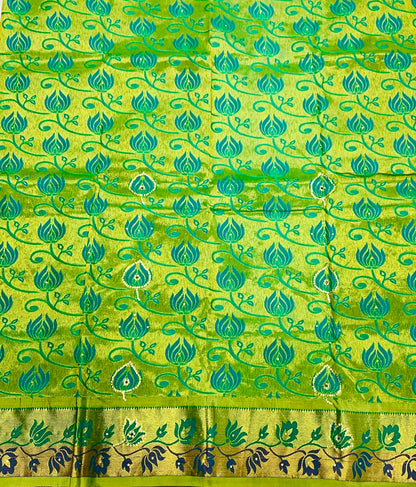 Green Shade Vegan Silk Kids Pattu Pavadai with contrast border for newborn to 2 Years