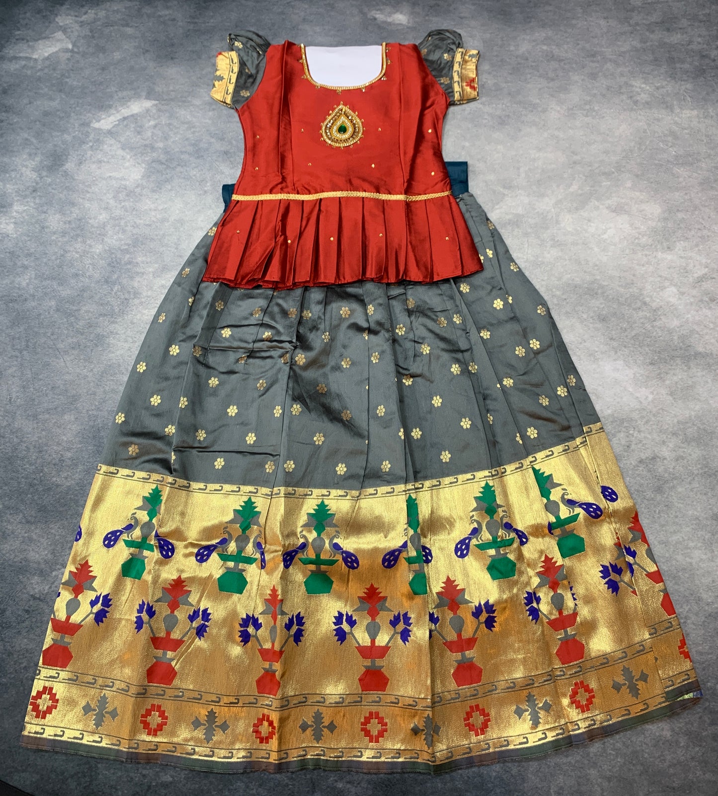 Ready To Wear Gray Pavadai with Contrast Maroon Blouse