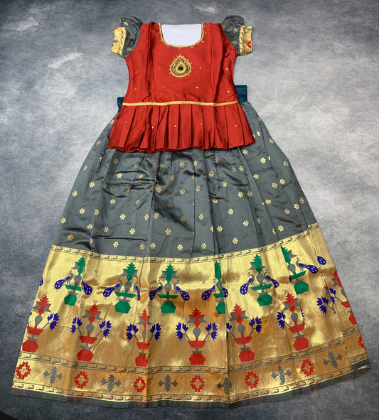 Ready To Wear Gray Pavadai with Contrast Maroon Blouse