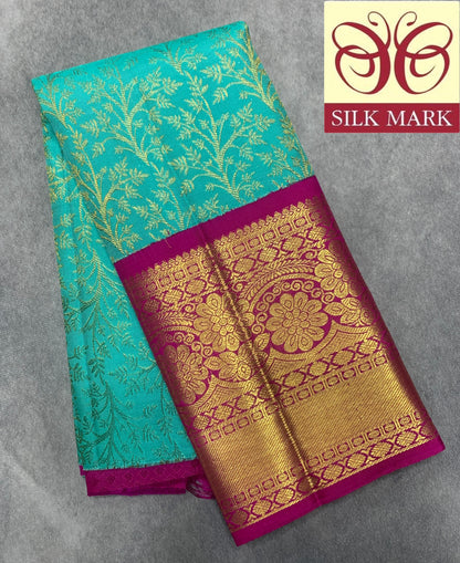 Sapphire Shade Pure Kanchipuram Kids Pattu Pavadai with Contrast Border for Newborn to 2 Years