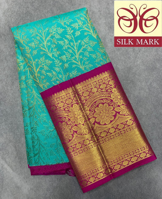 Sapphire Shade Pure Kanchipuram Kids Pattu Pavadai with Contrast Border for Newborn to 2 Years