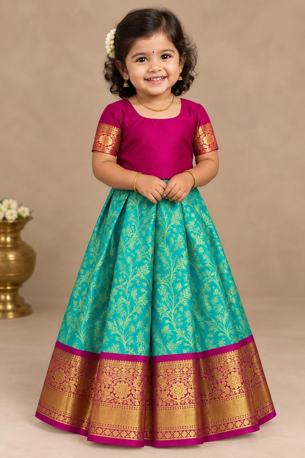 Sapphire Shade Pure Kanchipuram Kids Pattu Pavadai with Contrast Border for Newborn to 2 Years