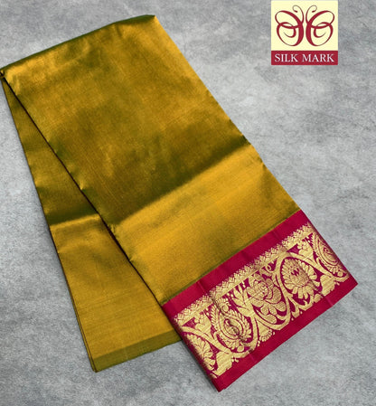 Olive Green Shade Pure Kanchipuram Kids Pattu Pavadai with Contrast Border for age 2 to 5