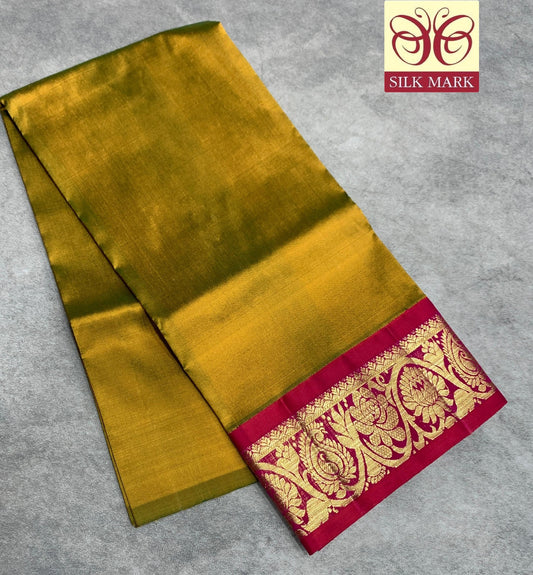 Olive Green Shade Pure Kanchipuram Kids Pattu Pavadai with Contrast Border for age 2 to 5