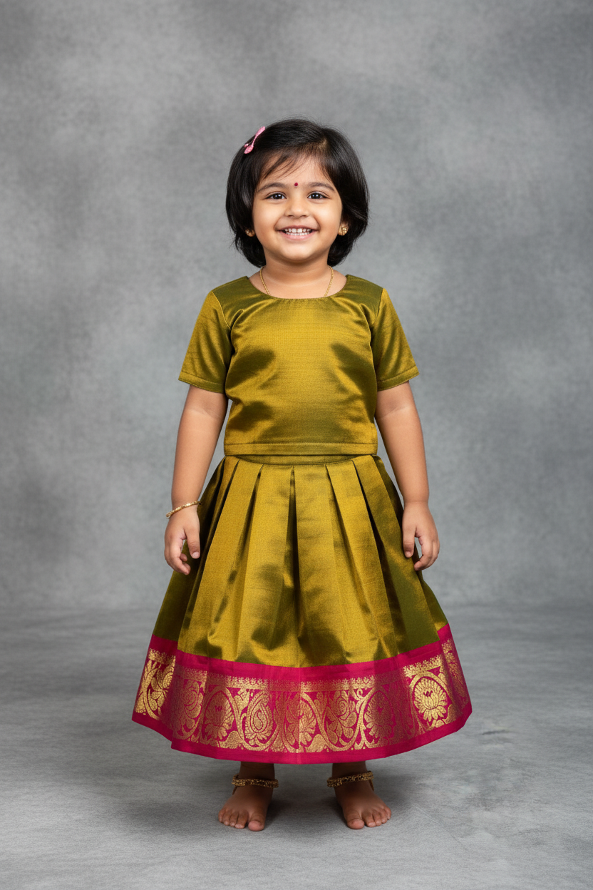 Olive Green Shade Pure Kanchipuram Kids Pattu Pavadai with Contrast Border for age 2 to 5