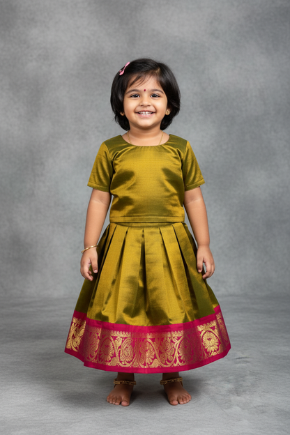 Olive Green Shade Pure Kanchipuram Kids Pattu Pavadai with Contrast Border for age 2 to 5