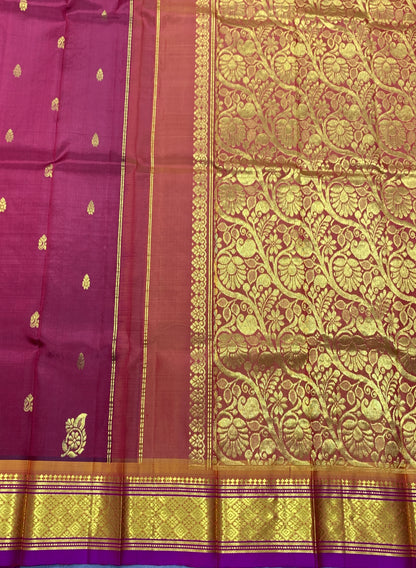 Pure Kanchipuram Silk Saree Maroon Colour with Purple and Gold Zari Border
