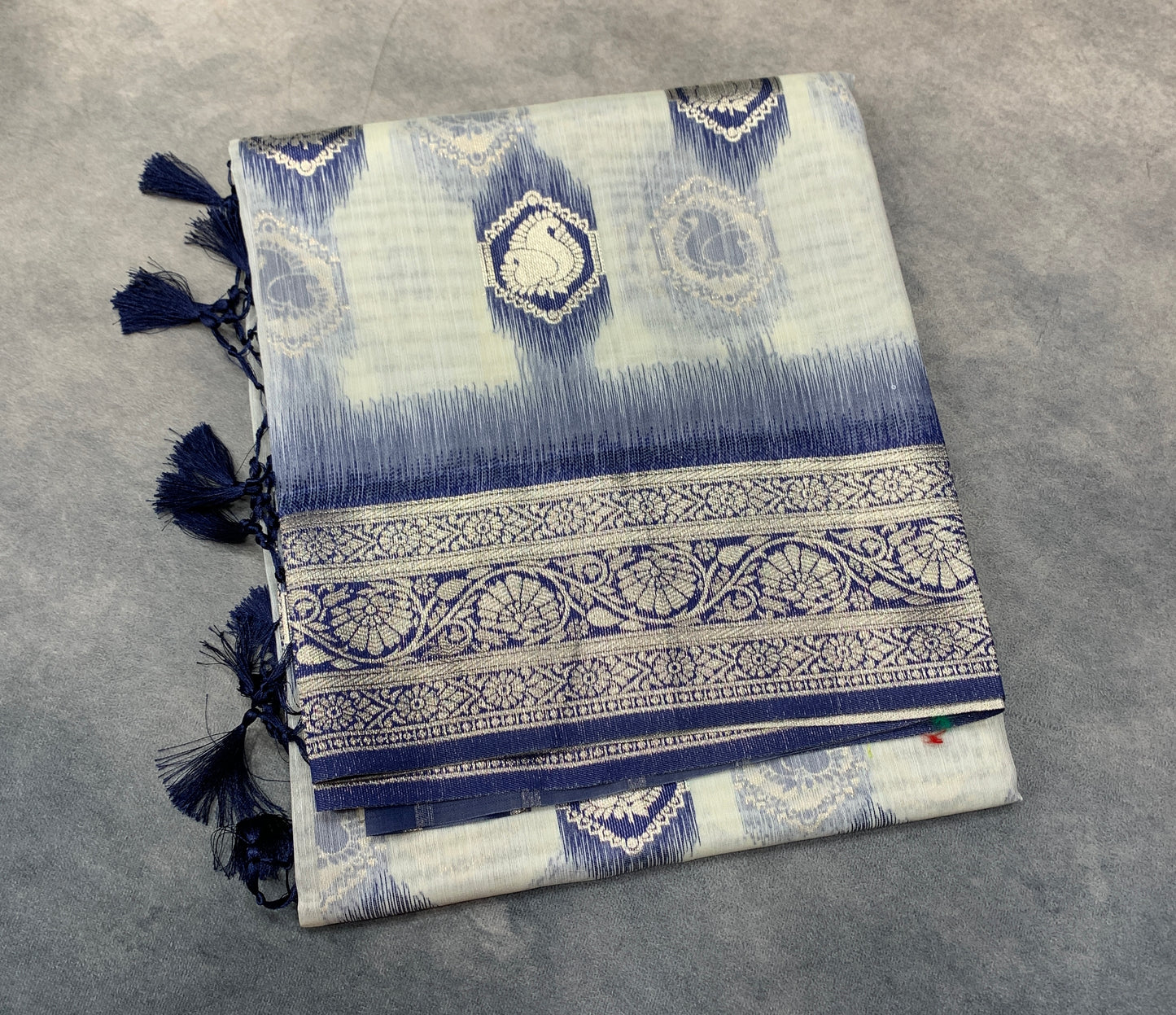 Banaras Katan Saree Off White Colour with Blue Katan Work Border