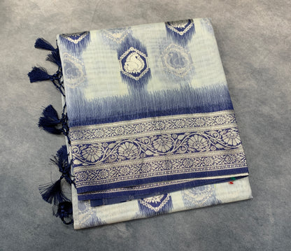 Banaras Katan Saree Off White Colour with Blue Katan Work Border