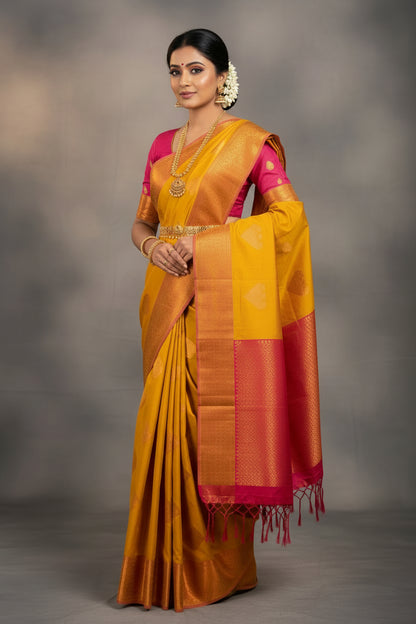 Soft Vegan Silk Saree Yellow Colour with Pink and Copper Border