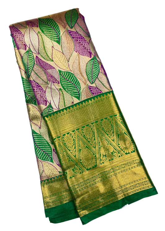 Purple & Green Leaf Soft Kanchi Tissue Pattu Saree with Green border