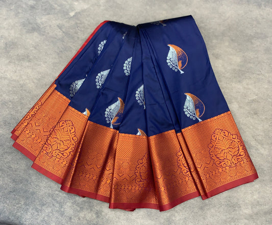 Soft Silk Casual Saree Navy Blue with Maroon Colour Border