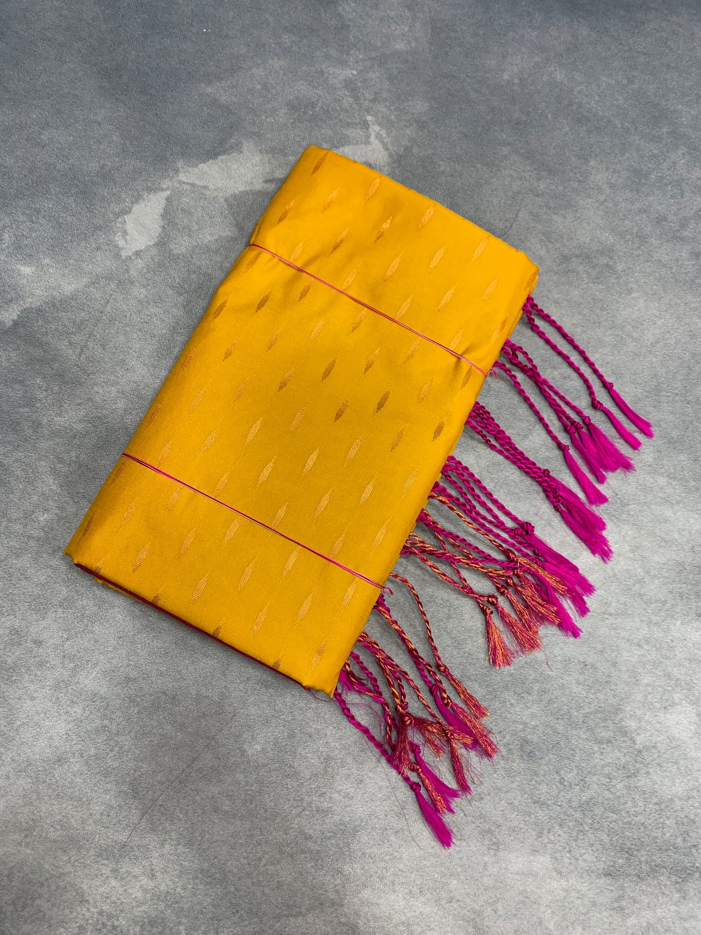 Soft Vegan Silk Saree Yellow Colour with Pink and Copper Border