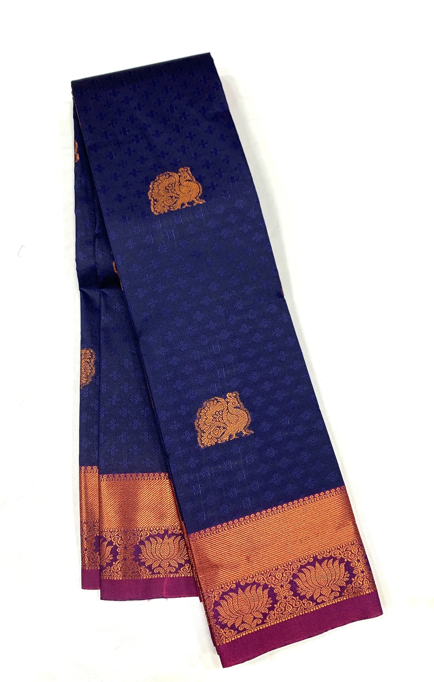 Navy Blue Shade Silk Cotton Saree with Copper Zari Border and Floral Design