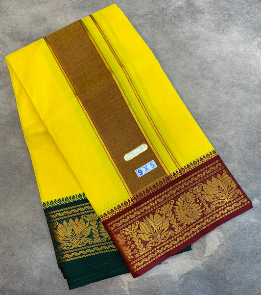 9X5 Cotton Dhoti Yellow Maroon and Green Zari Border with Angavastram
