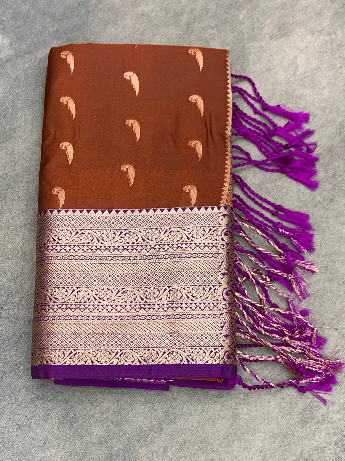 Art Silk Saree Brown Colour with Purple Colour Border