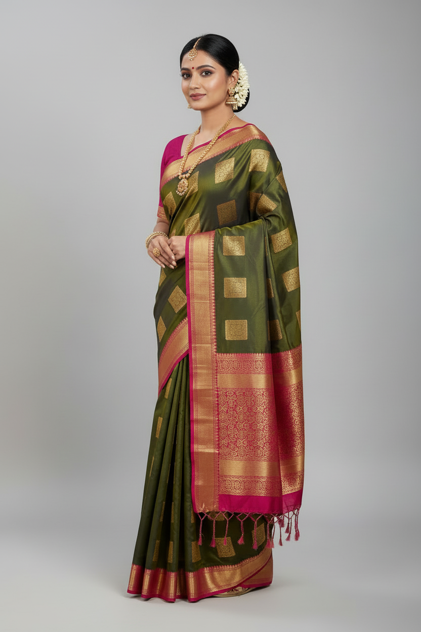 Soft Vegan Silk Saree Olive Green Colour with Pink and Copper Border
