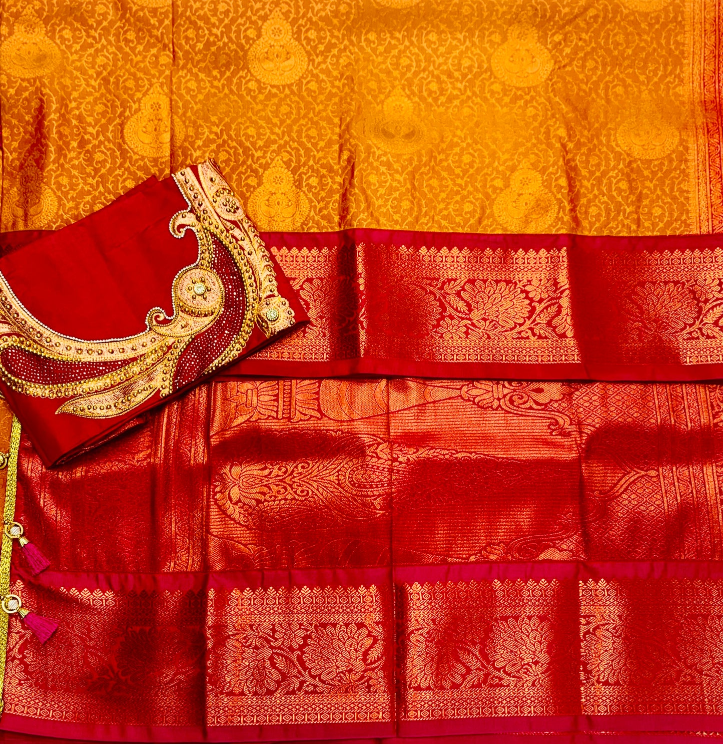 Bridal Vegan Silk Saree Golden Yellow shade with Pink Border with Unstitched blouse in Aari work