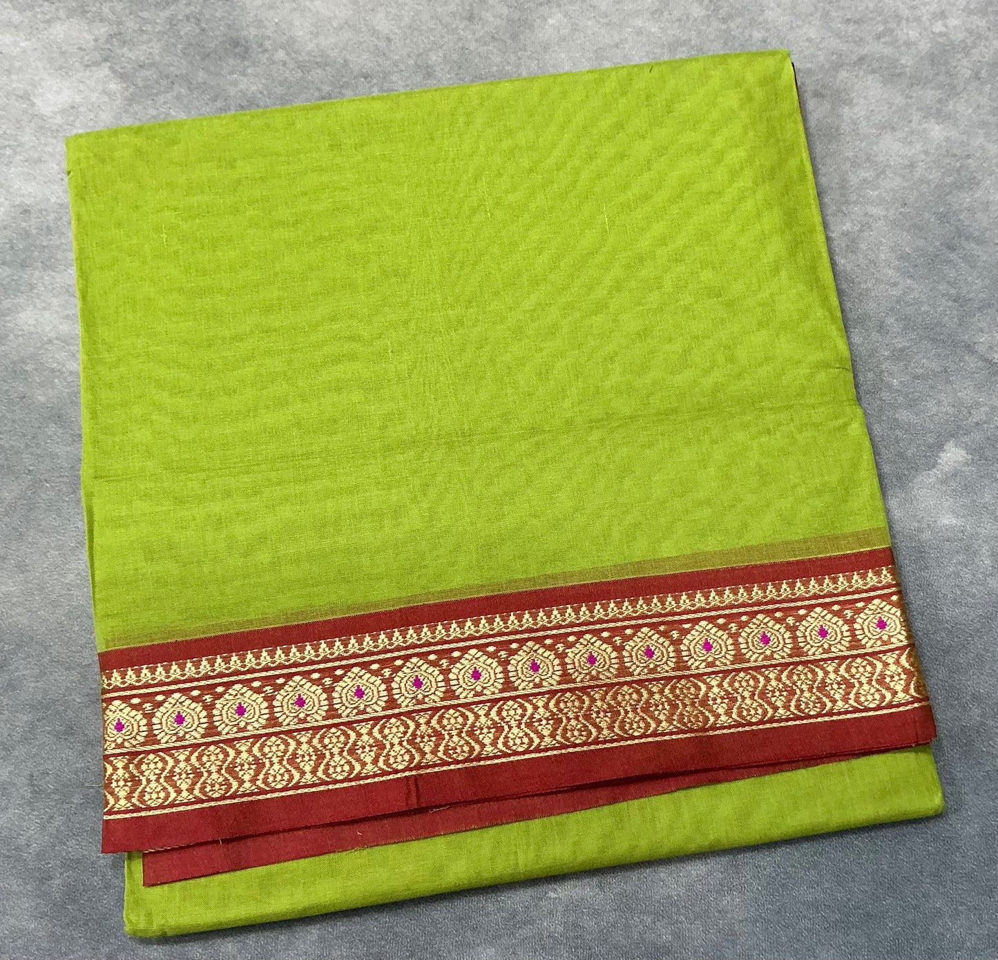 Chettinad Cotton Saree Lime Green Colour with Maroon Colour with Thread Work Border