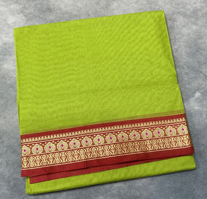 Chettinad Cotton Saree Lime Green Colour with Maroon Colour with Thread Work Border