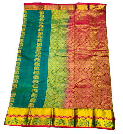 Vegan Silk Saree Green with Golden and Pink Border