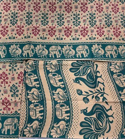 Chettinad Sungudi Cotton Sandal Colour with Rama Green Colour Border