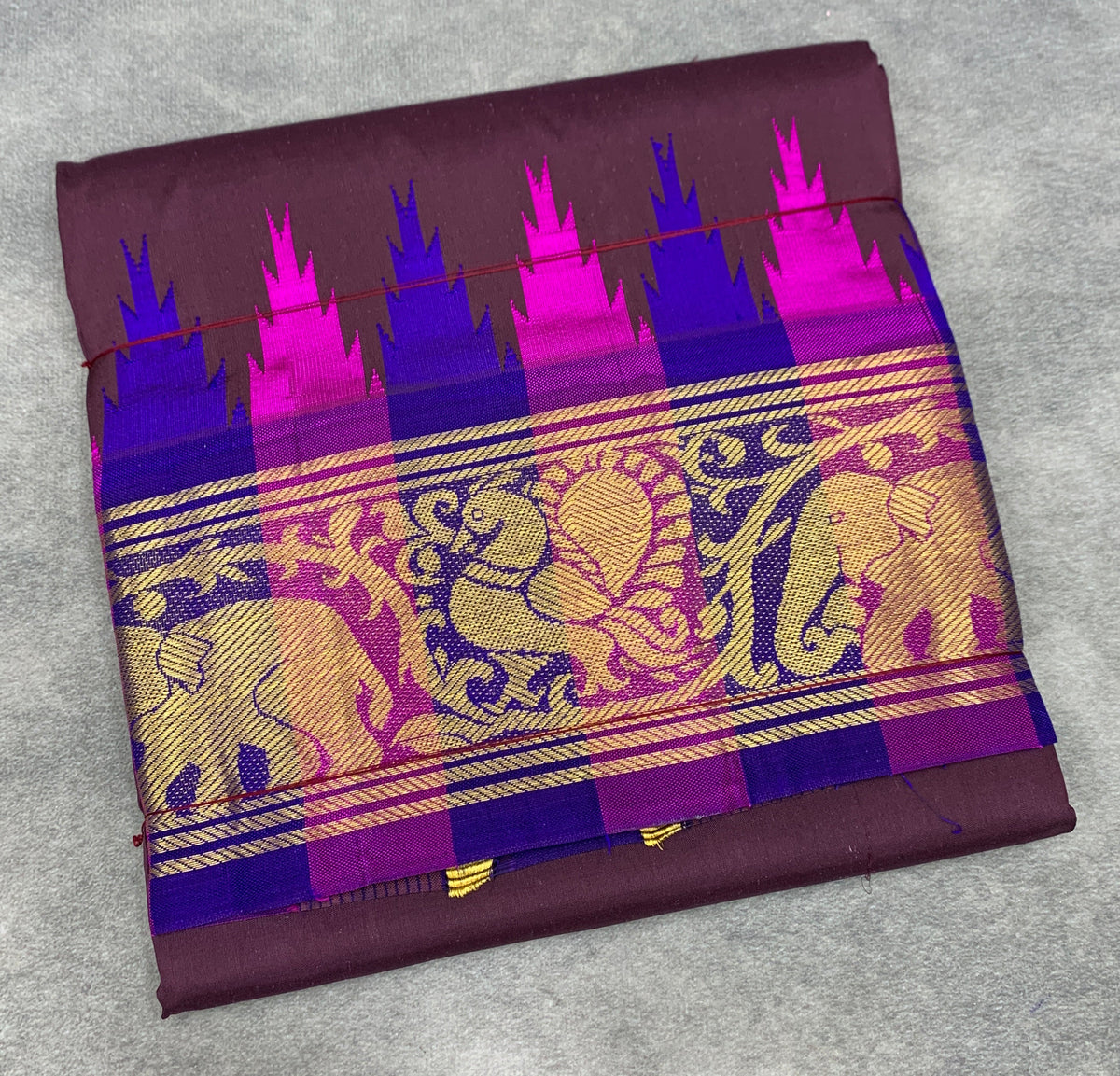 6 Mulam Silk Pooja Towel Brown Colour with Ganga Jamuna Korvai Border