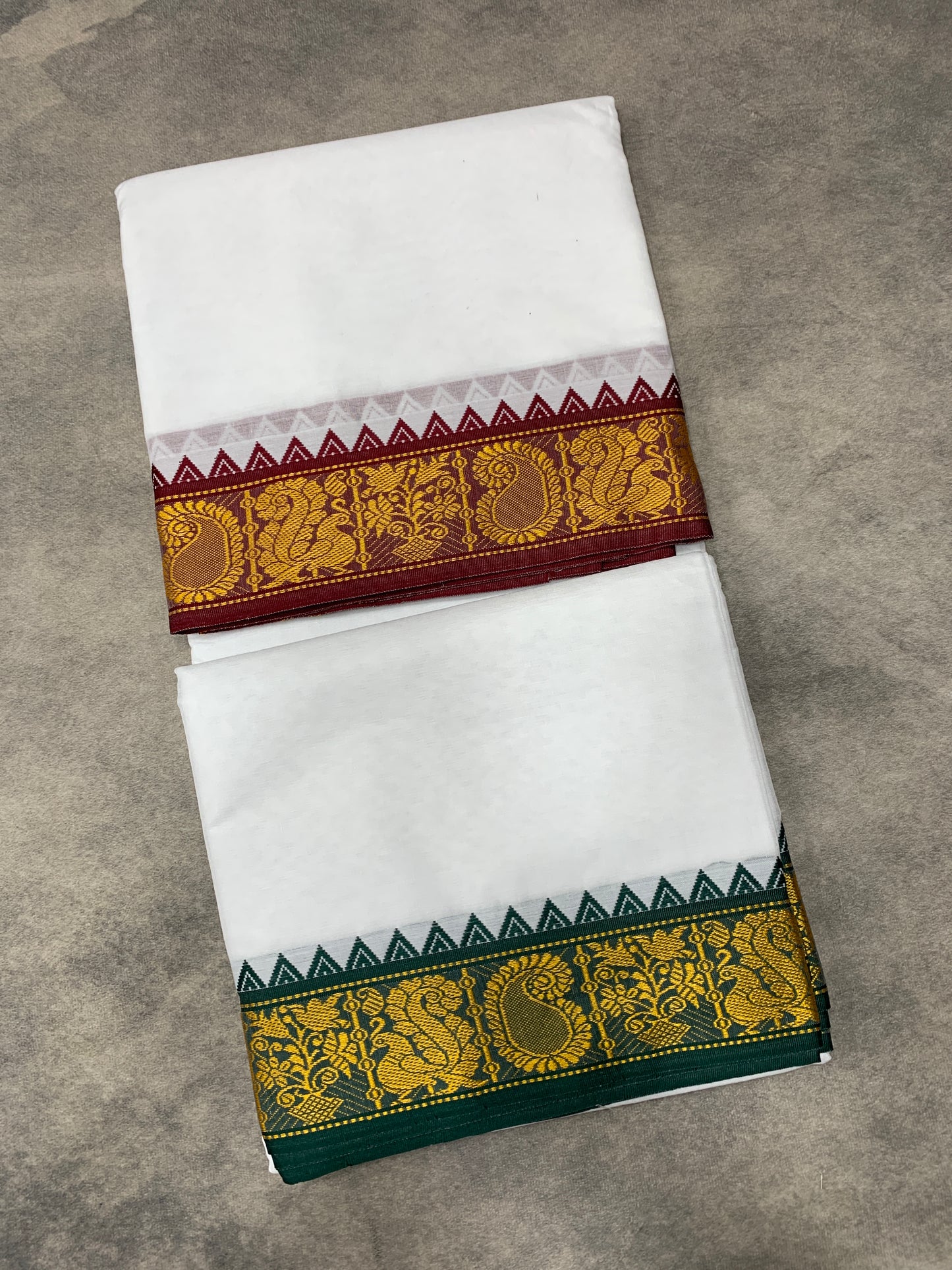 9X5 Cotton Dhoti White Colour with Brown and Green Border with Angavastram