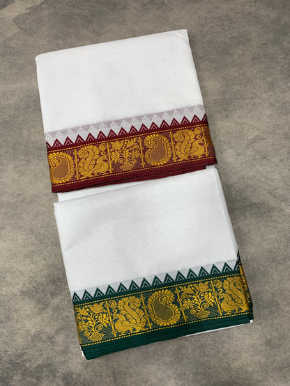 9X5 Cotton Dhoti White Colour with Brown and Green Border with Angavastram