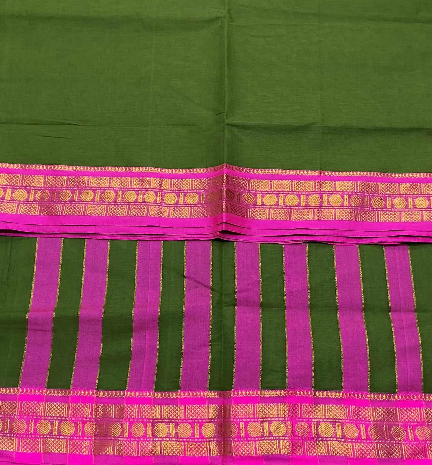 Chettinad Cotton Saree Olive Green Colour with Rani Pink Colour with Zari Work Border