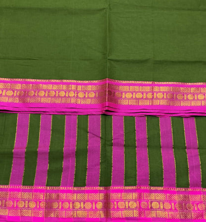 Chettinad Cotton Saree Olive Green Colour with Rani Pink Colour with Zari Work Border