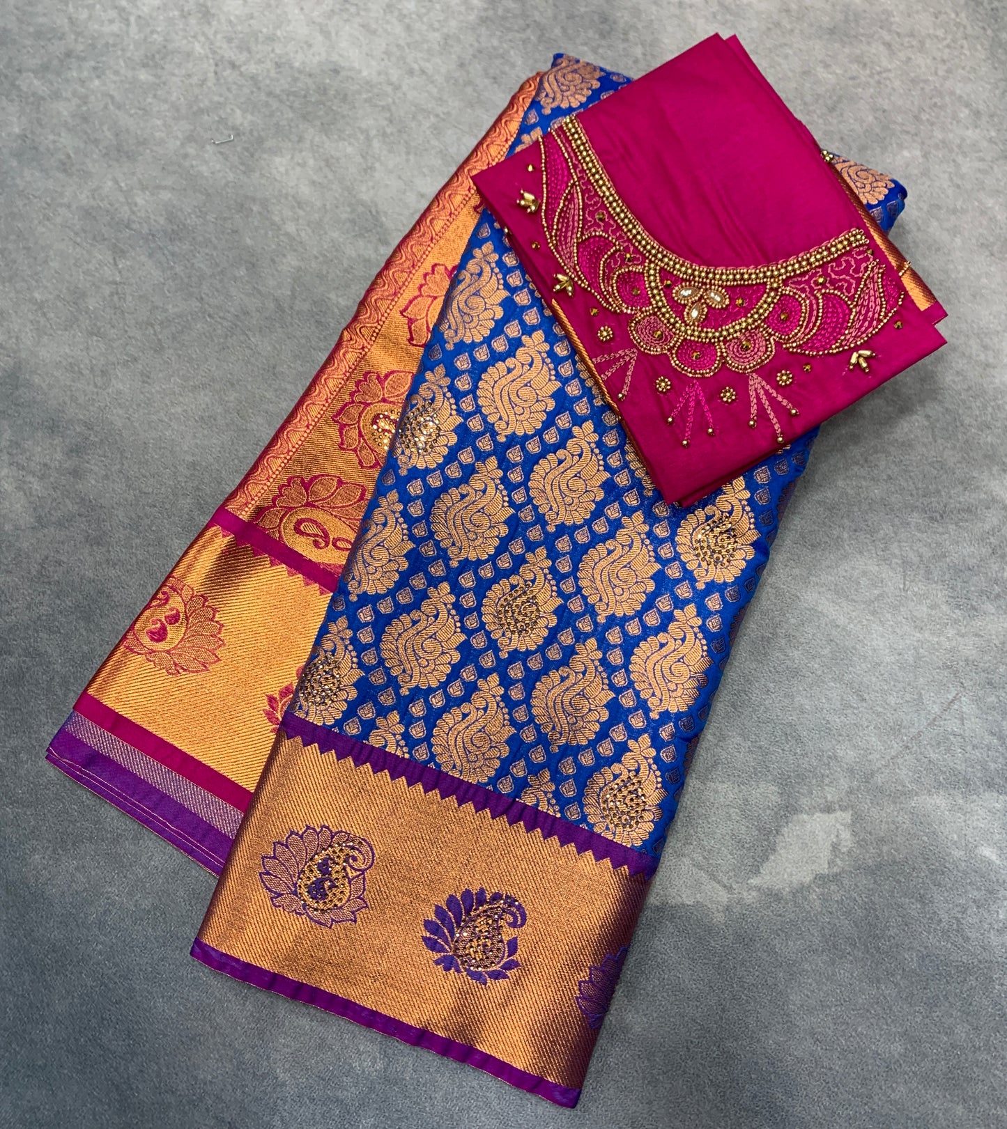 Bridal Vegan Silk Saree Sky Blue Colour with Purple Border with Unstitched blouse in Aari Work