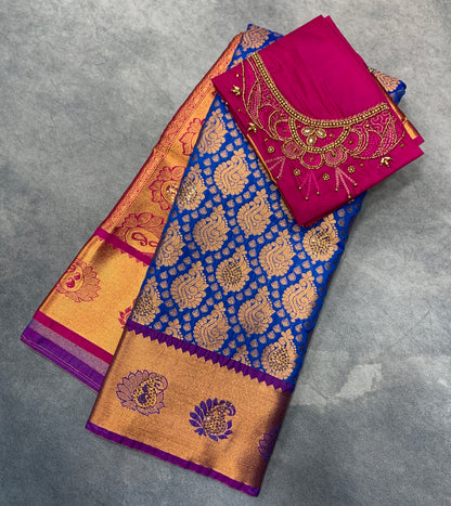 Bridal Vegan Silk Saree Sky Blue Colour with Purple Border with Unstitched blouse in Aari Work