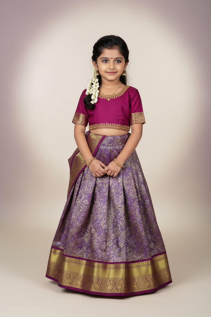 Lavender Shade Vegan Silk Kids Pattu Pavadai with Contrast Border for age 2 to 5
