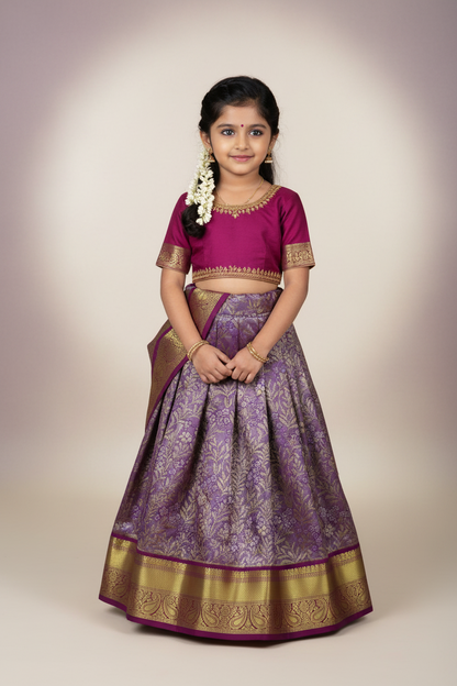 Lavender Shade Vegan Silk Kids Pattu Pavadai with Contrast Border for age 2 to 5