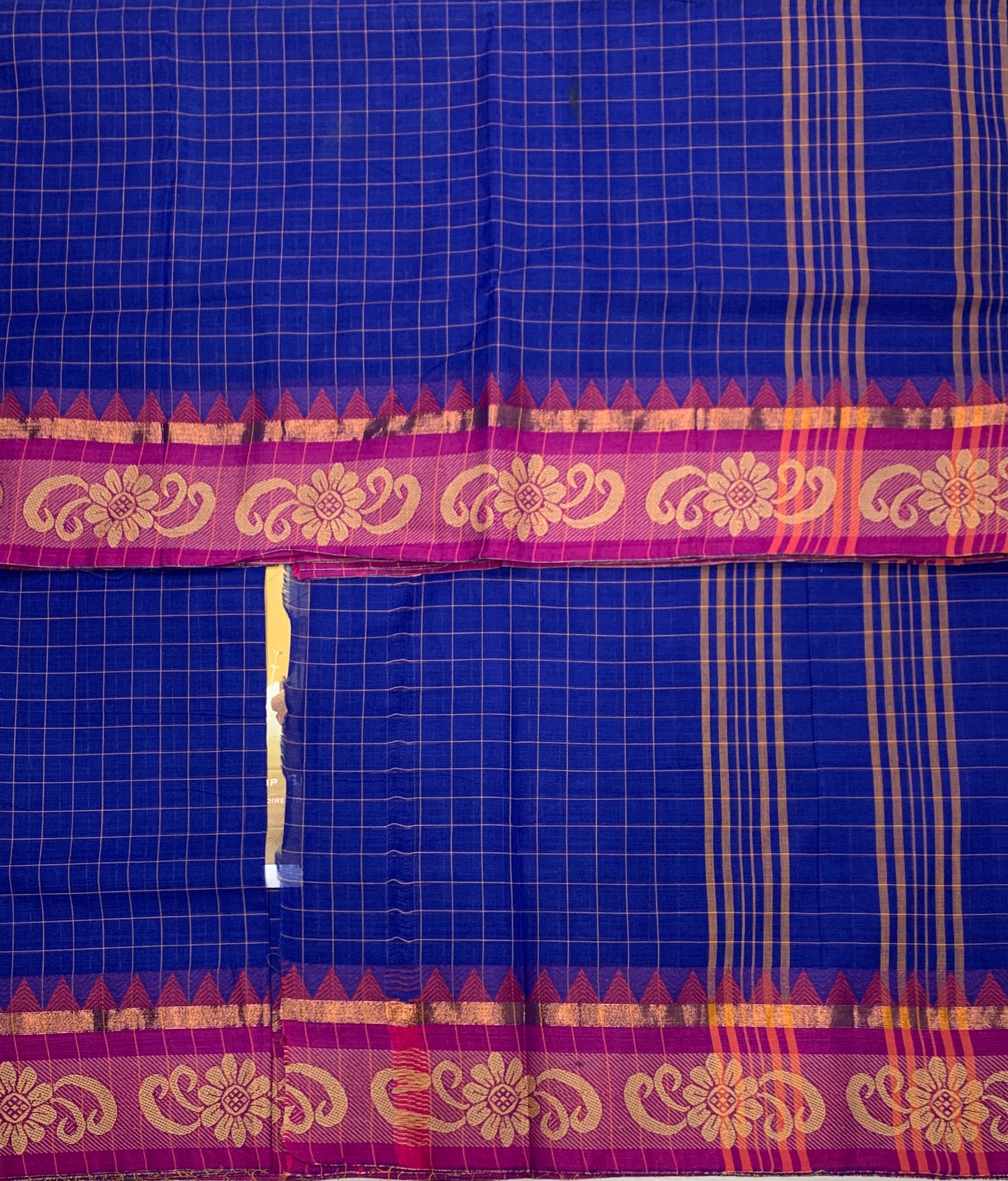 Chettinad Cotton Saree Blue with Pink and Flower Design Border