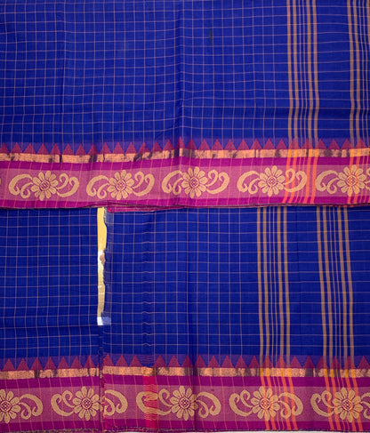 Chettinad Cotton Saree Blue with Pink and Flower Design Border