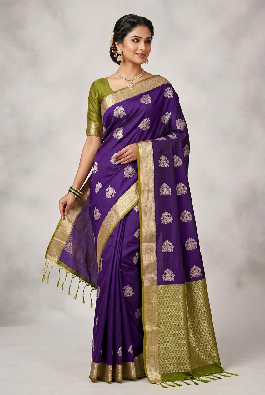 Art Silk Saree Dark Magenta Colour with Olive Green Colour Border
