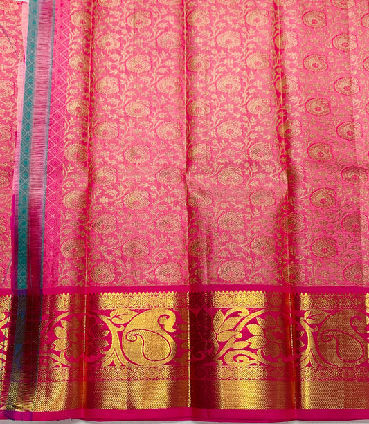 Baby Pink shade Pure kanchipuram Kids Pattu Pavadai with contrast border for newborn to 2 Years