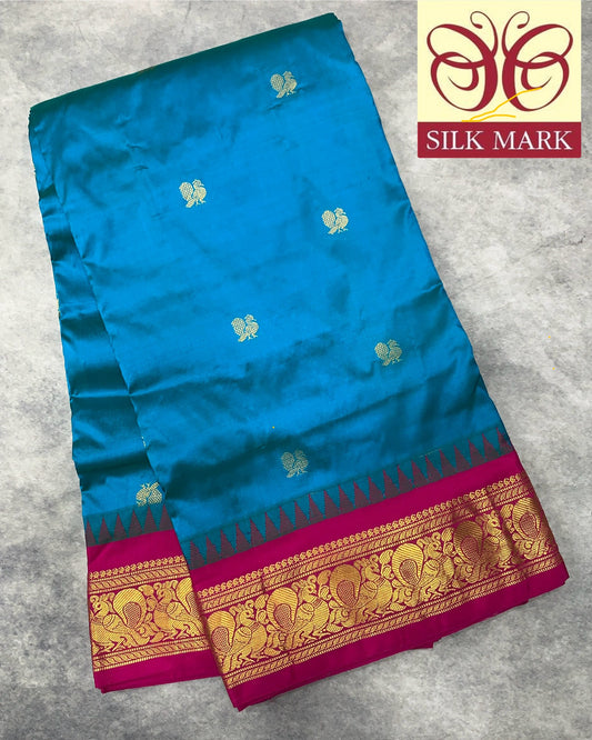 9 yards Pure Kanchipuram Silk Saree Sky Blue Colour with Pink Border
