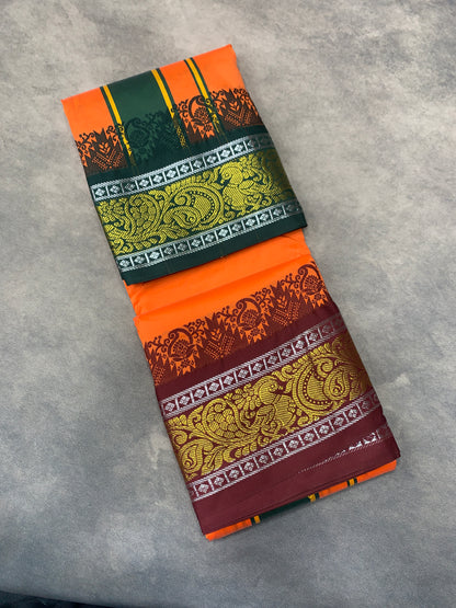 Art Silk Dhothi 9X5 Orange Colour with Green and Maroon Colour Ganga Jamuna Border