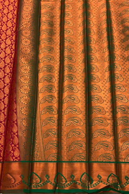 Vegan Silk Saree Maroon Colour with Copper and Green Border