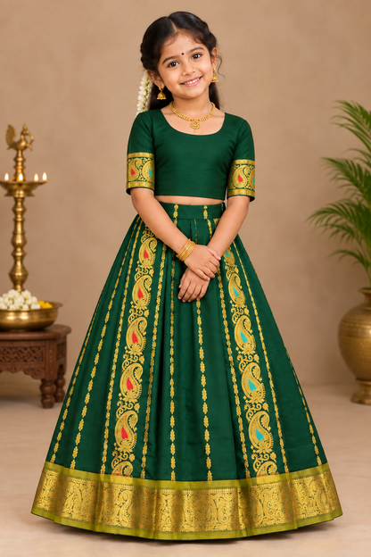 Green Shade Semi silk Kids Pattu Pavadai with Contrast border for age 5 to 10