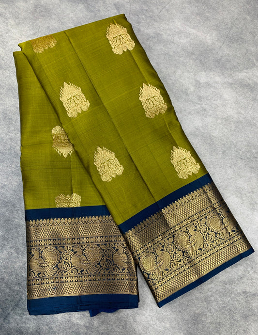 Pure Kanchipuram Silk Saree Olive Green Colour with Navy Blue Colour Border