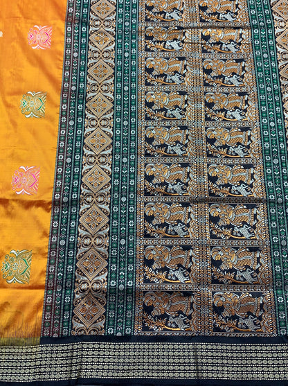 Pure Kanchipuram Silk Golden Colour with Block Colour Thread Work Border