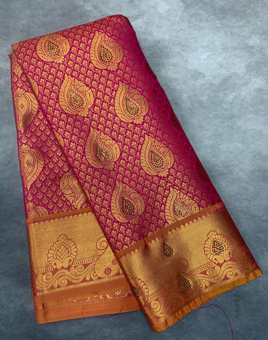 Vegan Silk Saree Pink Colour with Copper and Golden Yellow Border