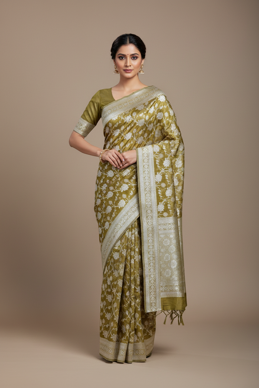 Banaras Katan Saree Pasi Payaru Green Colour with Katan Work Border