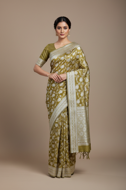 Banaras Katan Saree Pasi Payaru Green Colour with Katan Work Border