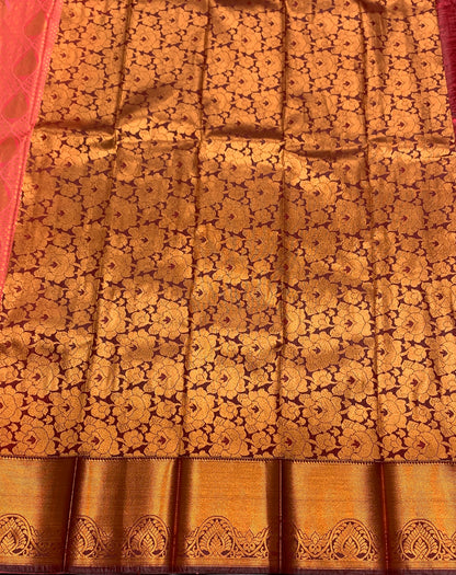 Vegan Silk Saree Peach Pink Colour with Copper Floral Design Border